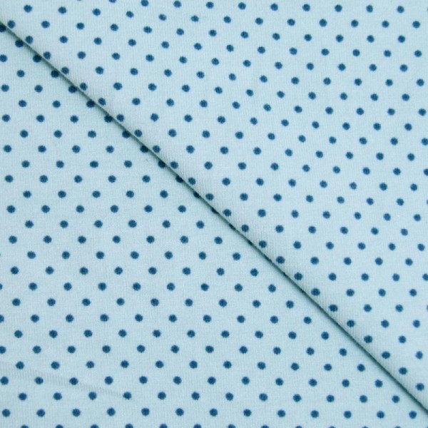 Tissu jersey coton-élasthanne bleu ciel imprimé pois bleu pétrole (par multiples de 20cm) - Photo n°1