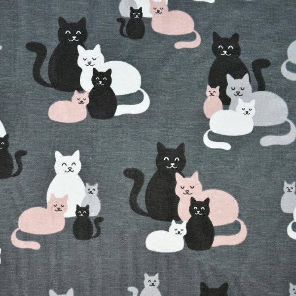 Tissu jersey coton-élasthanne gris foncé imprimé chats (par multiples de 20cm) - Photo n°1