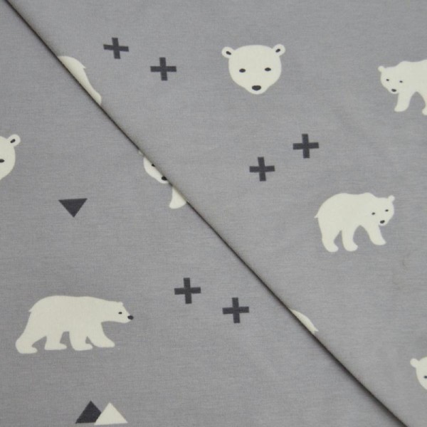 Tissu jersey coton-élasthanne gris clair imprimé ours (par multiples de 20cm) - Photo n°2