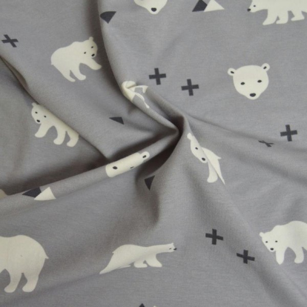 Tissu jersey coton-élasthanne gris clair imprimé ours (par multiples de 20cm) - Photo n°3