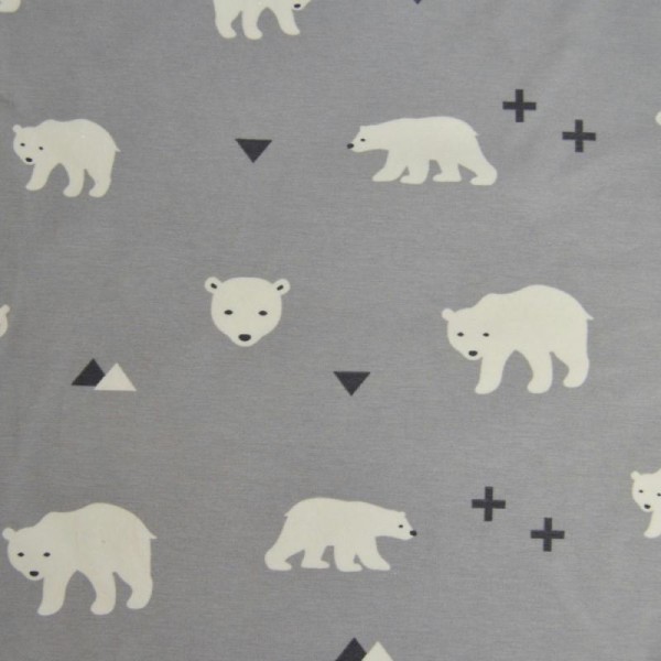 Tissu jersey coton-élasthanne gris clair imprimé ours (par multiples de 20cm) - Photo n°1