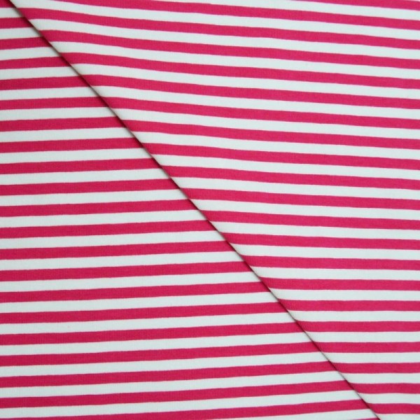 Tissu jersey coton-élasthanne rayure fushia - écru (par multiples de 20cm) - Photo n°1