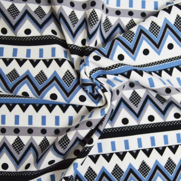 Tissu jersey coton-élasthanne imprimé aztec indigo/noir/gris, fond écru (par multiples de 20cm) - Photo n°1