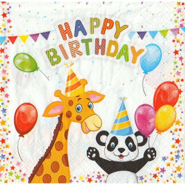 Lot 20 Serviettes en papier motif Happy birthday Lion Panda Girafe, enfant - Photo n°1