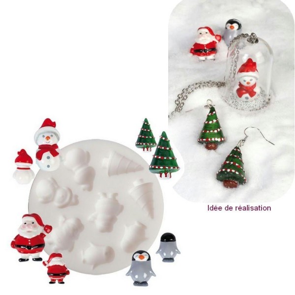Moule en silicone 8 motifs miniatures Noël, sapin, pingouin, rond de 7cm extra flexible - Photo n°1
