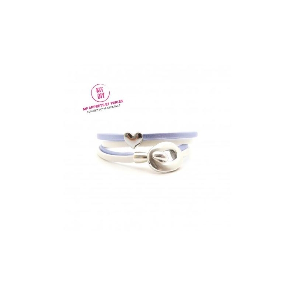 Kit bracelet cuir 3mm passant coeur blanc et bleu clair metal - fermoir crochet - 1 pièce - Photo n°1