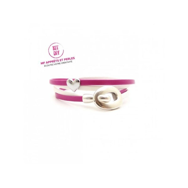 Kit bracelet cuir 3mm passant coeur blanc et fuchsia - fermoir crochet - 1 pièce - Photo n°1