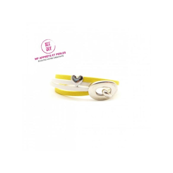 Kit bracelet cuir 3mm passant coeur blanc et jaune - fermoir crochet - 1 pièce - Photo n°1