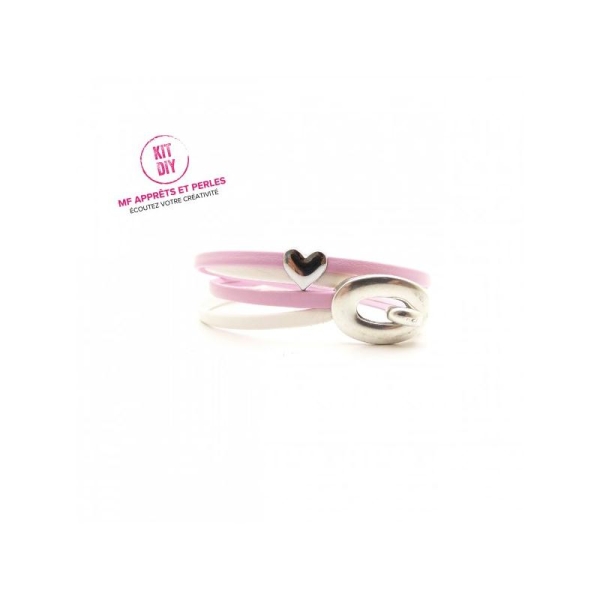 Kit bracelet cuir 3mm passant coeur blanc et rose bébé - fermoir crochet - 1 pièce - Photo n°1