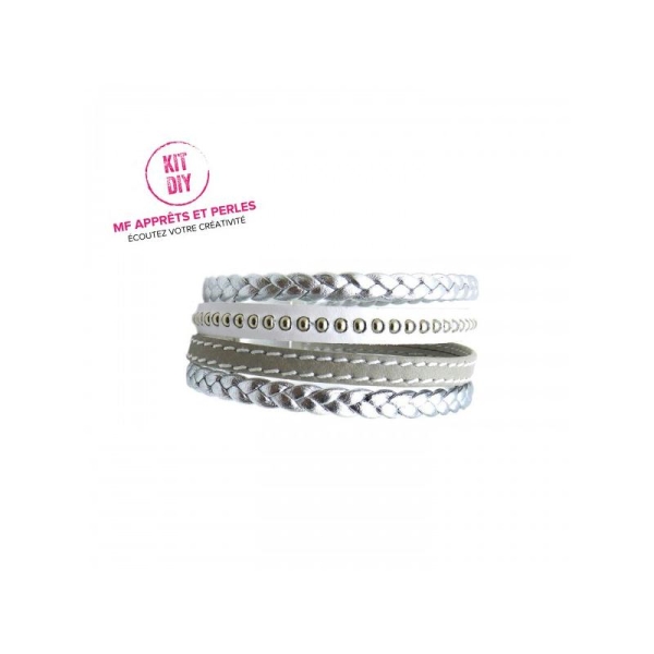 Kit bracelet cuir tressé - cuir chaîne bille blanc et argent - 1 pièce - Photo n°1