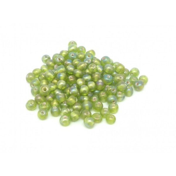 10g Env. 100 Perles En Verre Fine Ronde 4mm Vert Olive Pâle Irisé Rainbow - Photo n°1