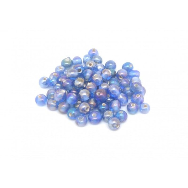 10g Env. 90 Perles En Verre Fine Ronde 4mm Bleu Irisé Rainbow - Photo n°1