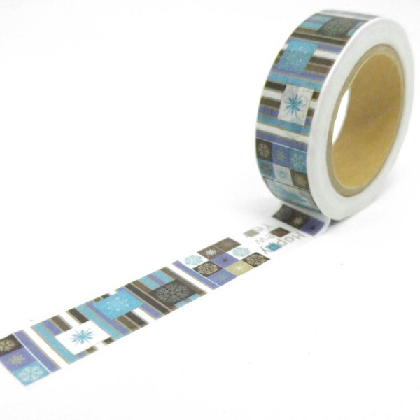 Washi Tape rectangles, flocons “happy new year” 10Mx15mm bleu et marron - Photo n°1