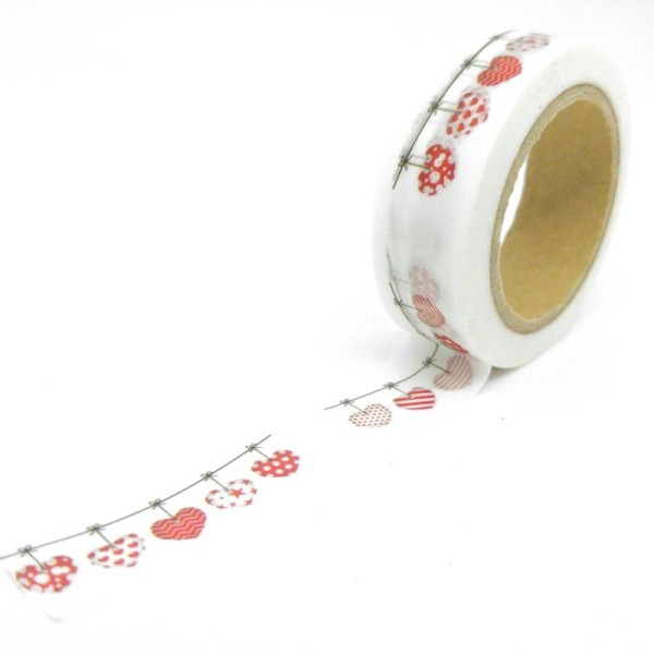 Washi Tape guirlandes coeurs motifs géométriques 10Mx15mm blanc et rouge - Photo n°1