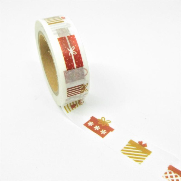 Washi Tape cadeaux géométriques 10Mx15mm rouge, marron et blanc - Photo n°1