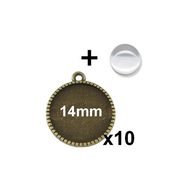 10 Supports Pendentif Bronze Avec Cabochon Verre 14mm Mod640 - Photo n°1