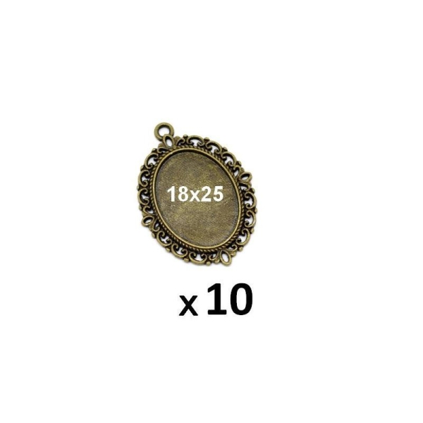 10 Supports Pendentif Bronze Ovale Fantaisie Pour Cabochon 18x25mm - Photo n°1
