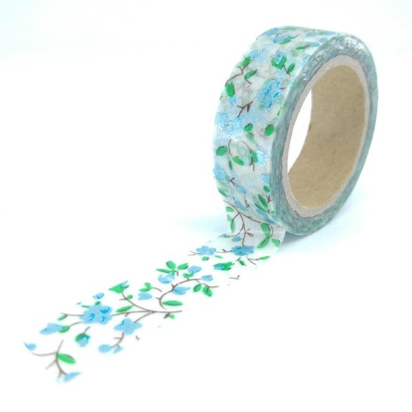 Washi Tape brillant fleurs élégantes 10Mx15mm vert et bleu - Photo n°1