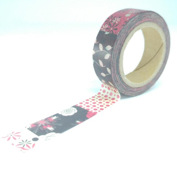Washi Tape rectangles à motifs fleuris, pois, feuilles 10Mx15mm rouge, bordeaux et beige - Photo n°1