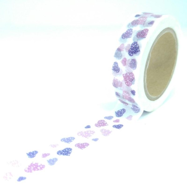 Washi Tape coeurs à motifs fleurs 10Mx15mm violet, rose et blanc - Photo n°1