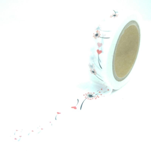 Washi Tape romantique pissenlits coeurs 10Mx15mm rouge, noir et blanc - Photo n°1