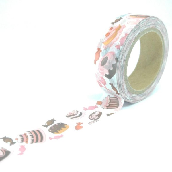 Washi Tape sucreries et gâteaux enfantins 10Mx15mm rose et marron - Photo n°1