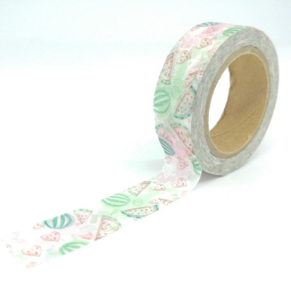 Washi Tape dessins pastèques, tranches et coeurs 10Mx15mm vert et rose - Photo n°1