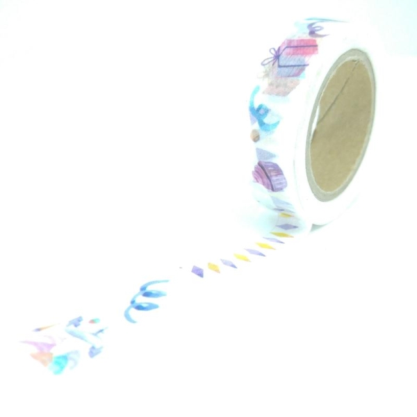 Washi Tape motifs variés, fanions, gâteaux, cadeaux, confettis “birthday”10Mx15mm multicolore - Photo n°1