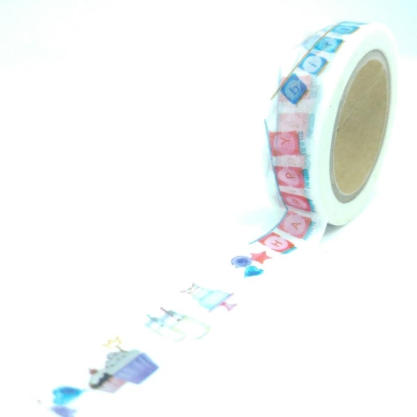 Washi Tape fanions “happy birthday” gâteaux 10Mx15mm multicolore - Photo n°1