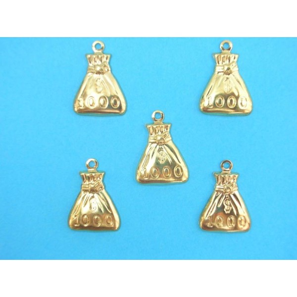 LOT  5 CHARMS METALS DORES : Sac mille dollars 18 mm - Photo n°1