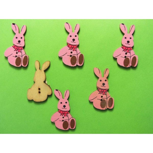 LOT 6 BOUTONS BOIS : lapin rose 30*17mm - Photo n°1