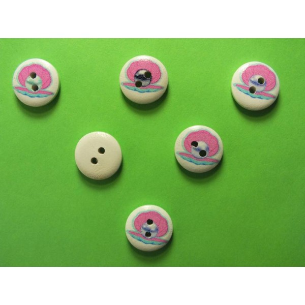 LOT 6 BOUTONS BOIS : rond thème animaux marins coquille 15mm (03) - Photo n°1
