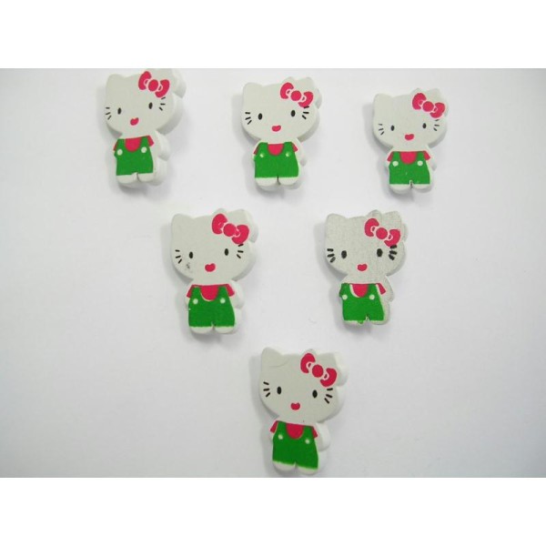 LOT 6 BOUTONS BOIS : chat blanc/vert/rouge 25mm - Photo n°1