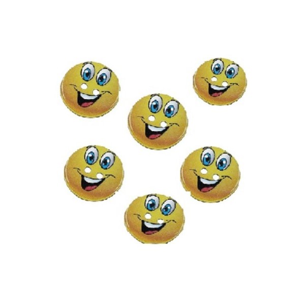 LOT 6 BOUTONS BOIS : rond motif Smiley  24mm - Photo n°1