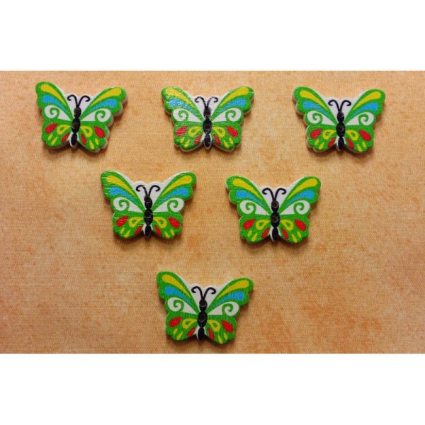 LOT 6 BOUTONS BOIS : papillon vert 24mm - Photo n°1