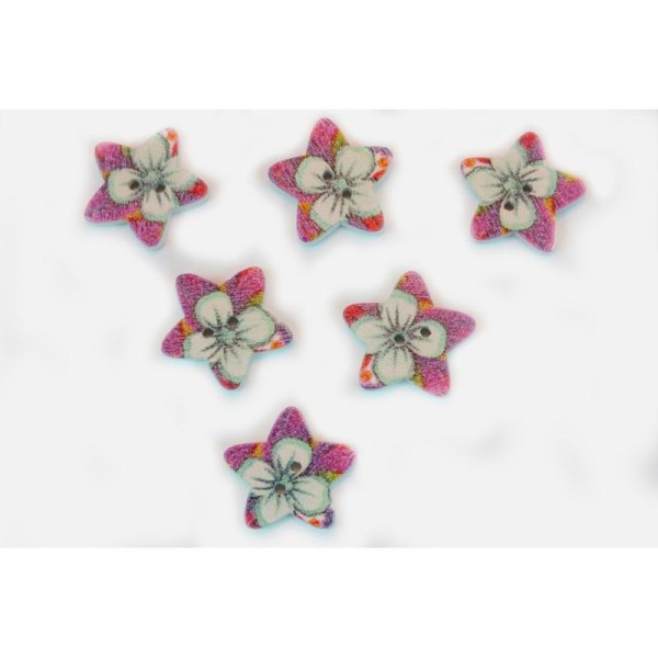 LOT 6 BOUTONS BOIS : etoile motif fleur 17mm (n°03) - Photo n°1