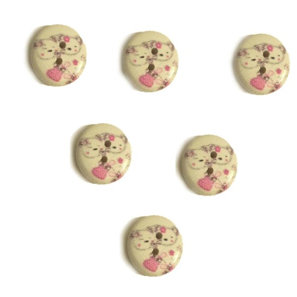 LOT 6 BOUTONS BOIS : rond motif chat 15mm (n°03) - Photo n°1