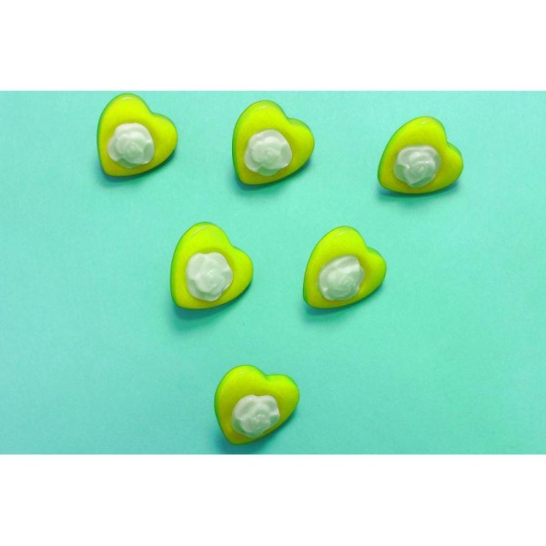 LOT 6 BOUTONS : coeur vert + rose blanche 14mm - Photo n°1