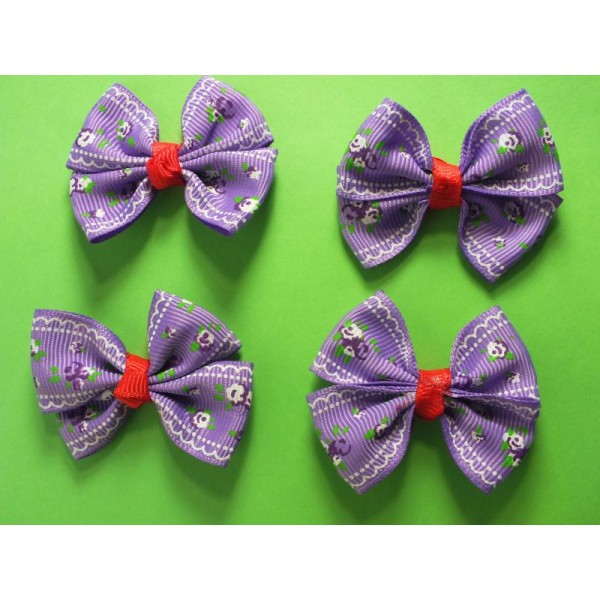 LOT 4 APPLIQUES TISSU : noeud papillon motif fleur mauve 50*45mm - Photo n°1