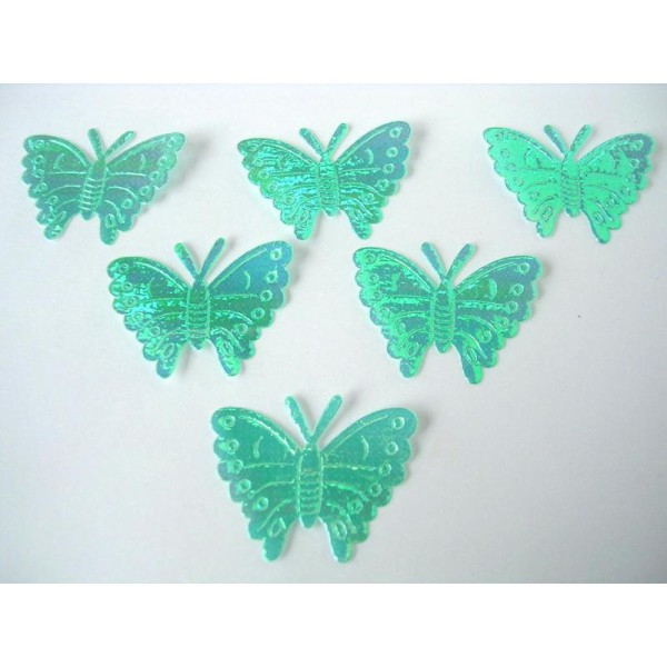 LOT  6 APPLIQUES TISSUS  : papillon vert brillant 33mm - Photo n°1