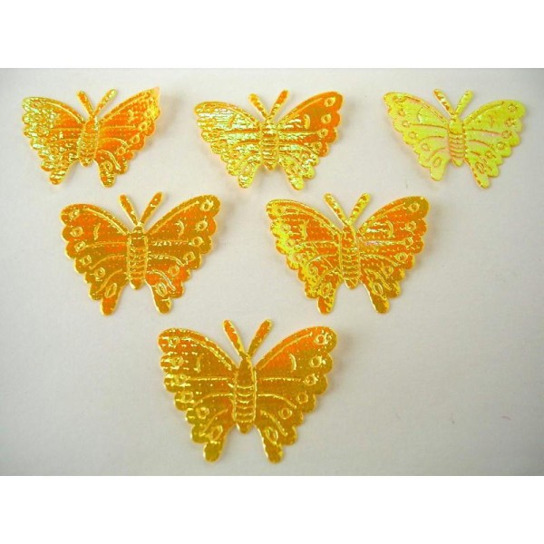 LOT  6 APPLIQUES TISSUS  : papillon jaune brillant 33mm - Photo n°1