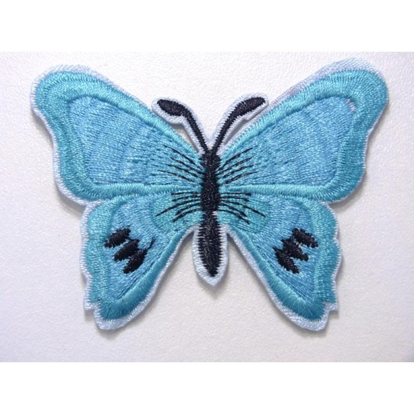 APPLIQUE TISSU THERMOCOLLANT : papillon bleu/noir 70*55mm - Photo n°1