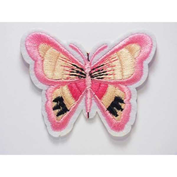 APPLIQUE TISSU THERMOCOLLANT : papillon rose/écru/noir 65*50mm - Photo n°1