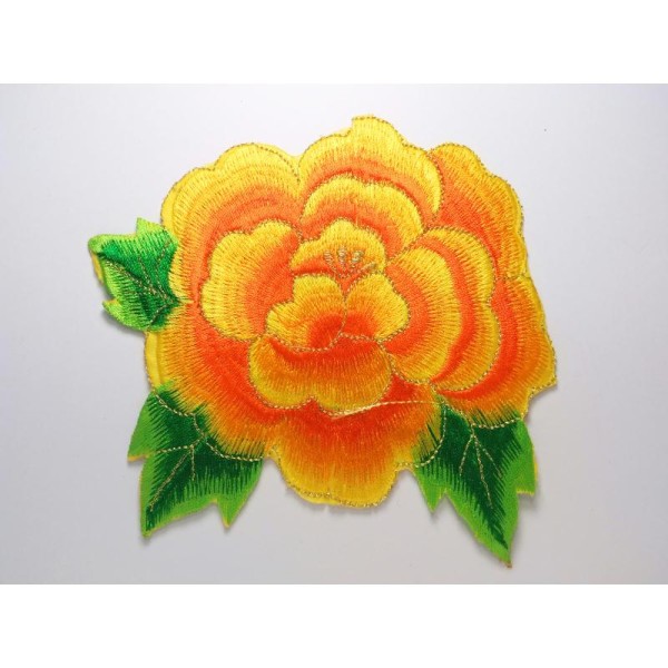 APPLIQUE TISSU THERMOCOLLANT : fleur orange/dorée 140*120mm - Photo n°1