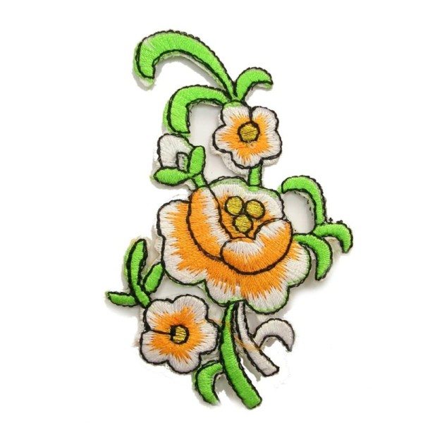 APPLIQUE TISSU THERMOCOLLANT : fleur orange/vert 95*60mm - Photo n°1