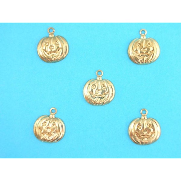 LOT  5 CHARMS METALS DORES : Citrouille Halloween 12mm - Photo n°1