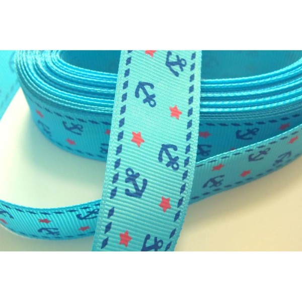RUBAN : bleu motif ancre marine  largeur 25mm  longueur 100cm - Photo n°1