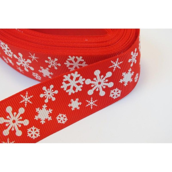 RUBAN : rouge motif flocon blanc largeur 25mm  longueur 100cm - Photo n°1