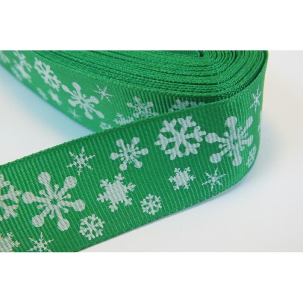 RUBAN : vert motif flocon blanc largeur 25mm  longueur100cm - Photo n°1