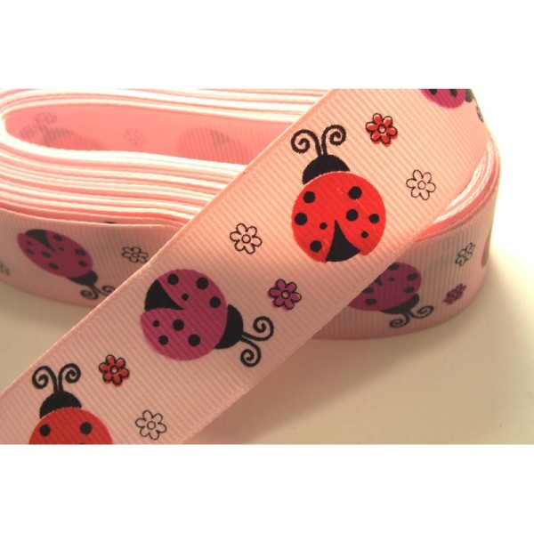 RUBAN POLYESTER : rose motif coccinelle 25mm - Photo n°1